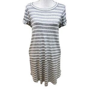 Emerald Gray & White Striped short cuff sleeve dress pockets back buttons small